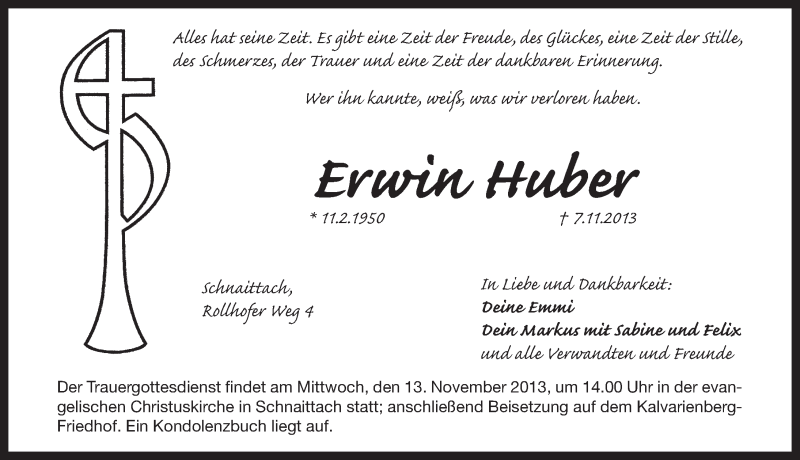  Traueranzeige für Erwin Huber vom 09.11.2013 aus Pegnitz-Zeitung